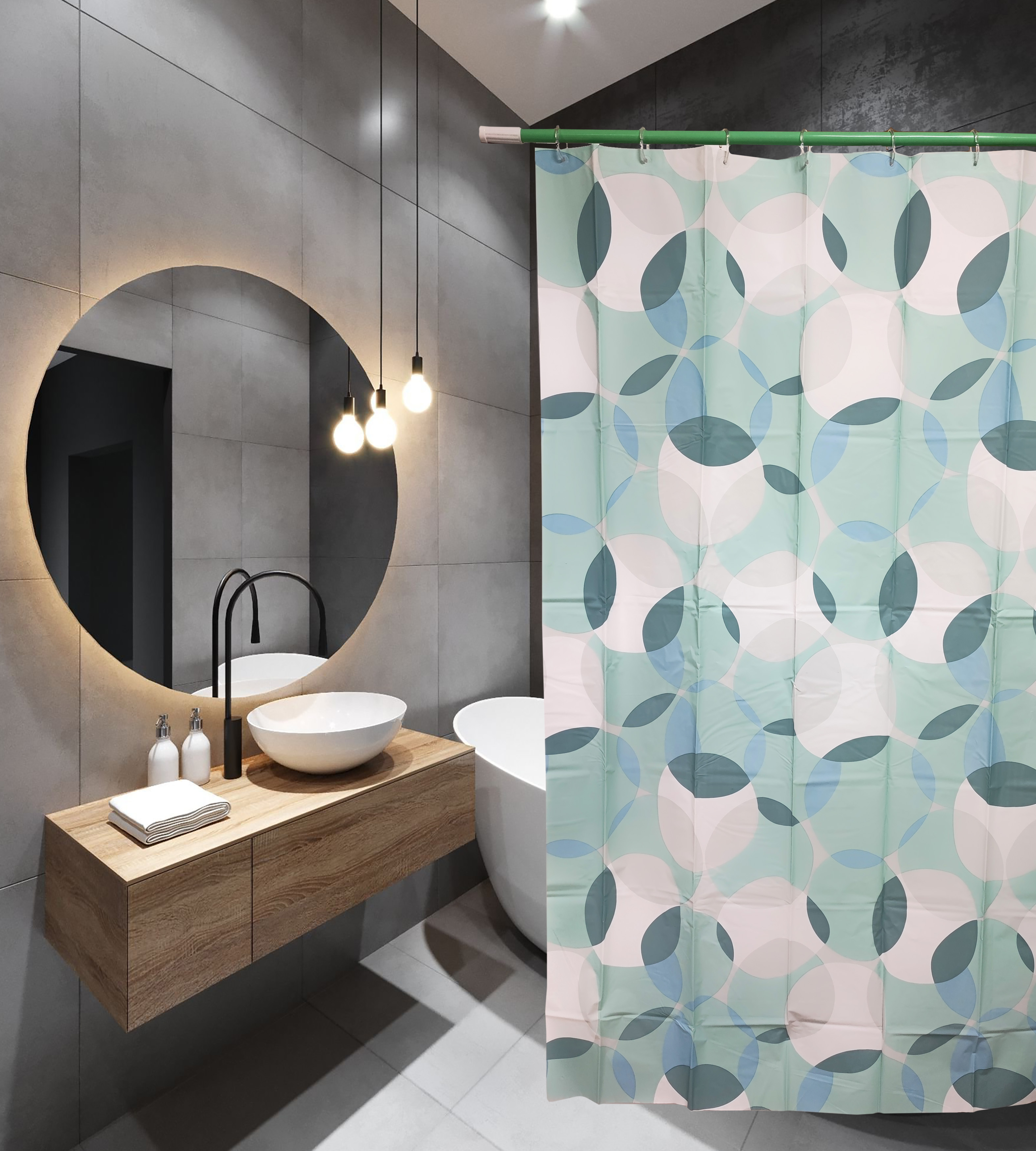 Штора для ванной комнаты SANTREK HOME "3D Зелёные лепестки" 180х180 см PEVA 60628 (П180)